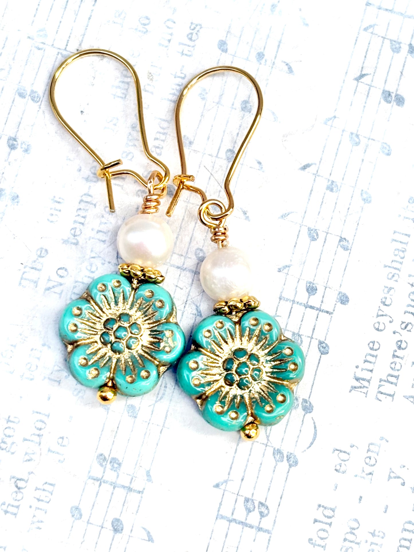 Turquoise Blue Flower Earrings Czech Glass Flower Boho Wild Rose