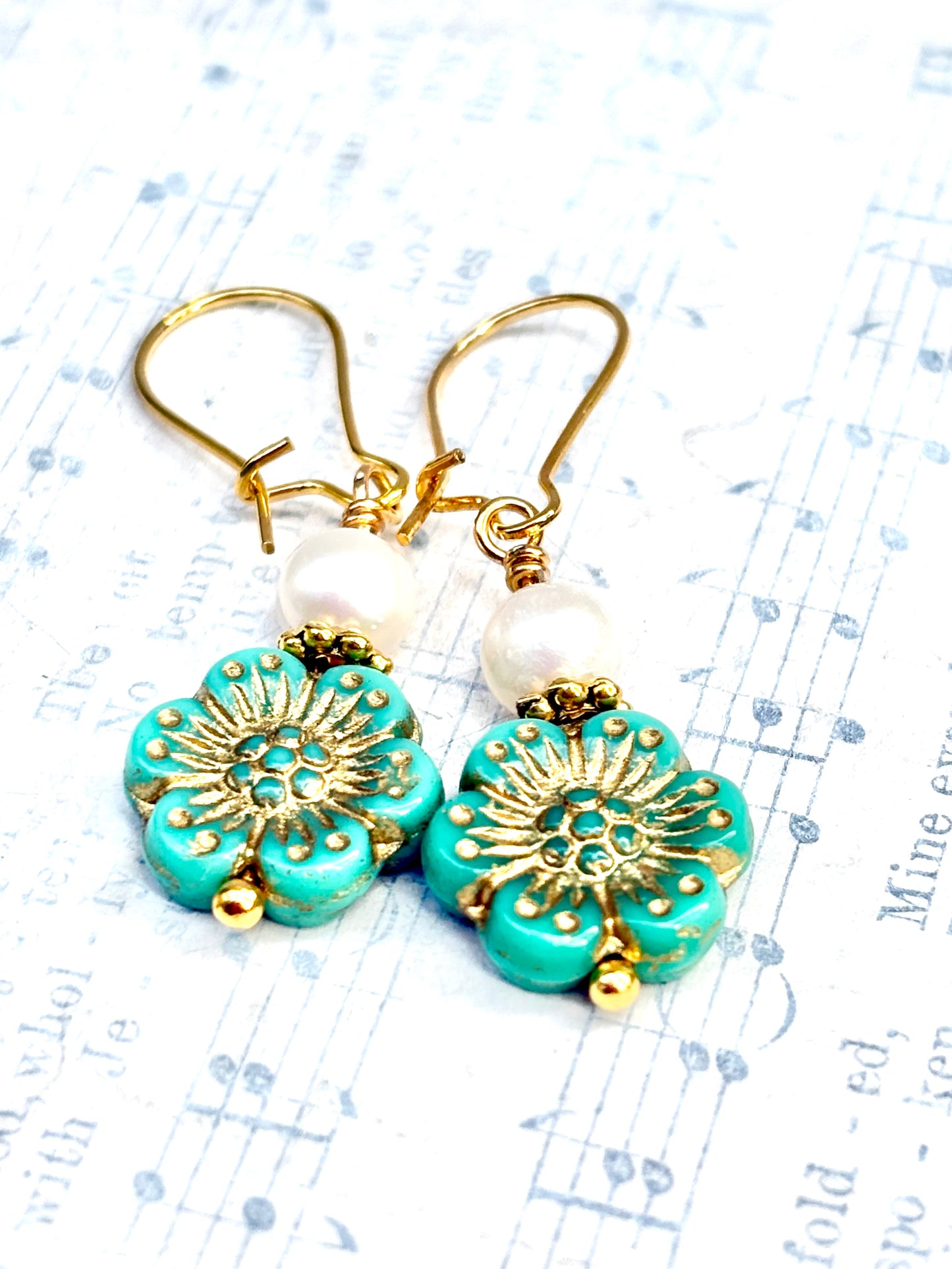 Turquoise Blue Flower Earrings Czech Glass Flower Boho Wild Rose