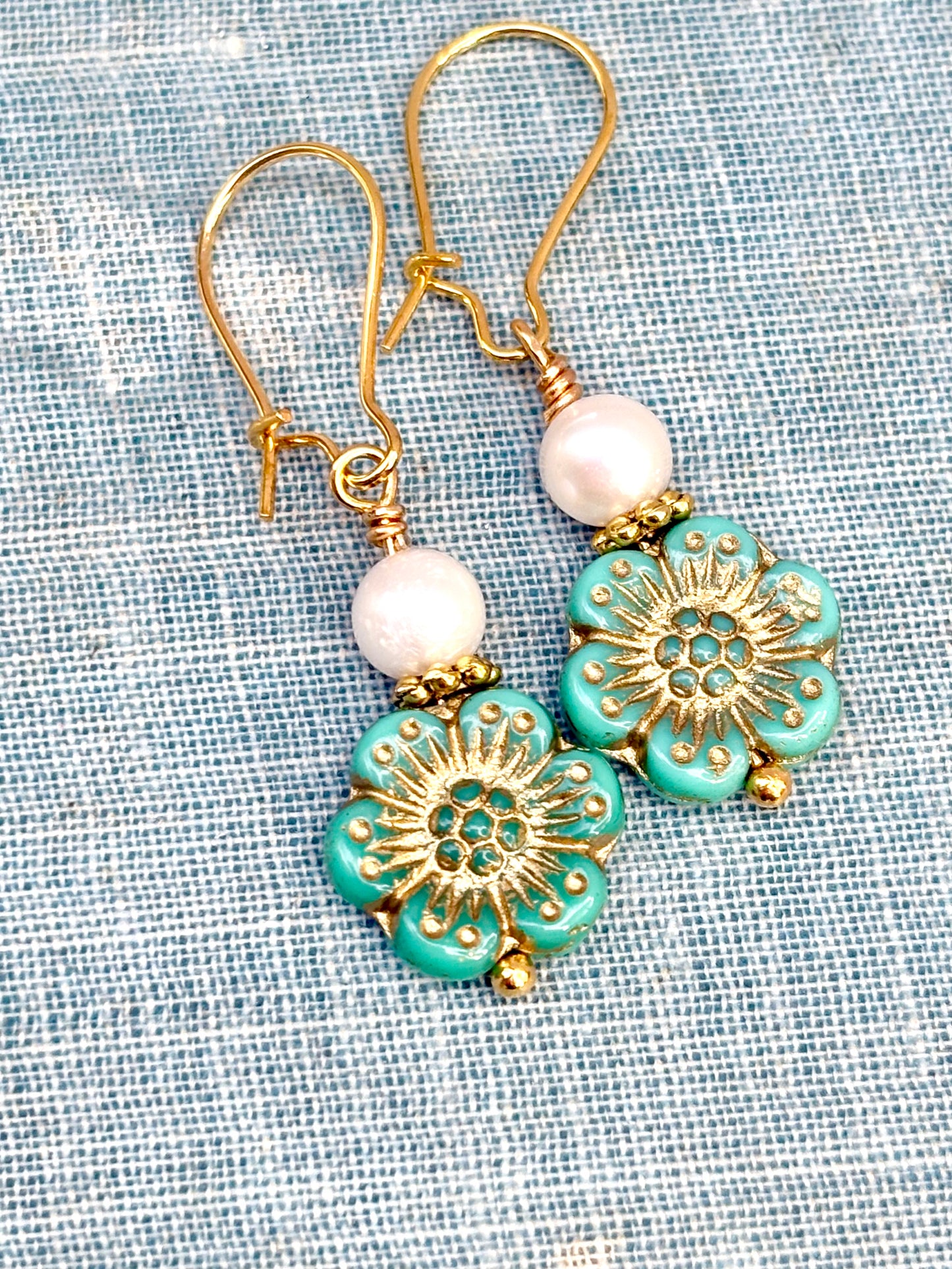 Turquoise Blue Flower Earrings Czech Glass Flower Boho Wild Rose