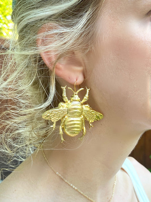 Gold Bee Earrings Big Bumblebee Honeybee